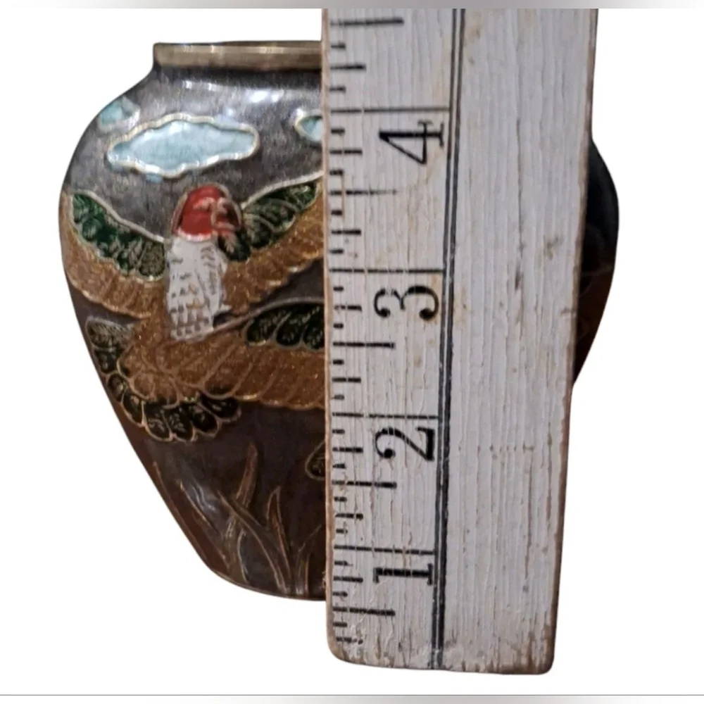 Vintage Brass Enamel Vase Nature Bird Animals Scene